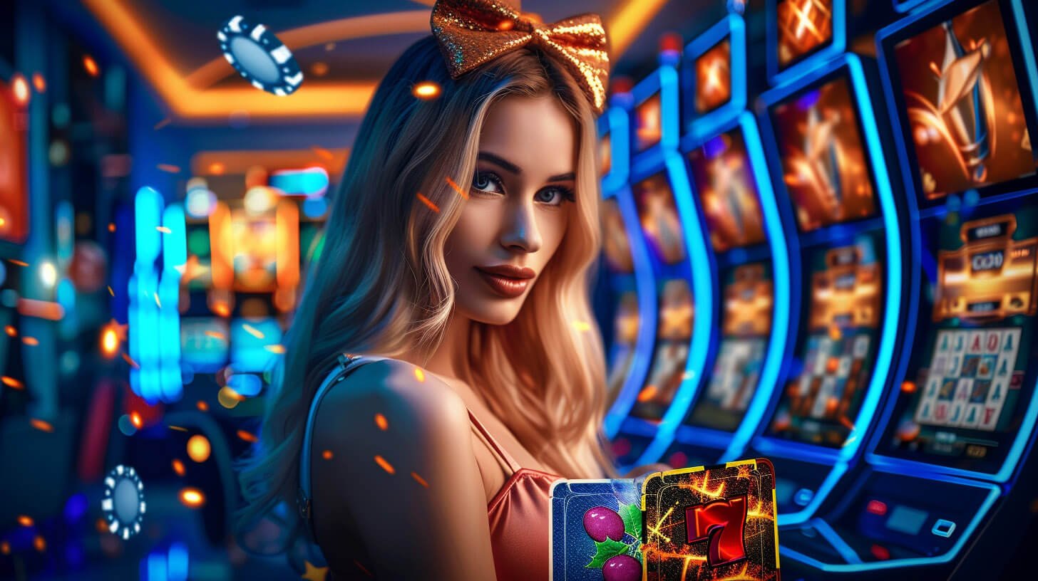 Dealer live casino sedang membagikan kartu dengan meja elegan bercahaya